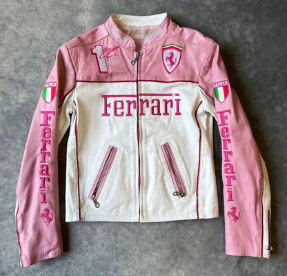 Pink Ferrari Racing Leather Jacket – Limited Edition Motorsport Style