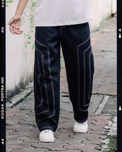 Black Contrast Stitch Baggy Track Pants