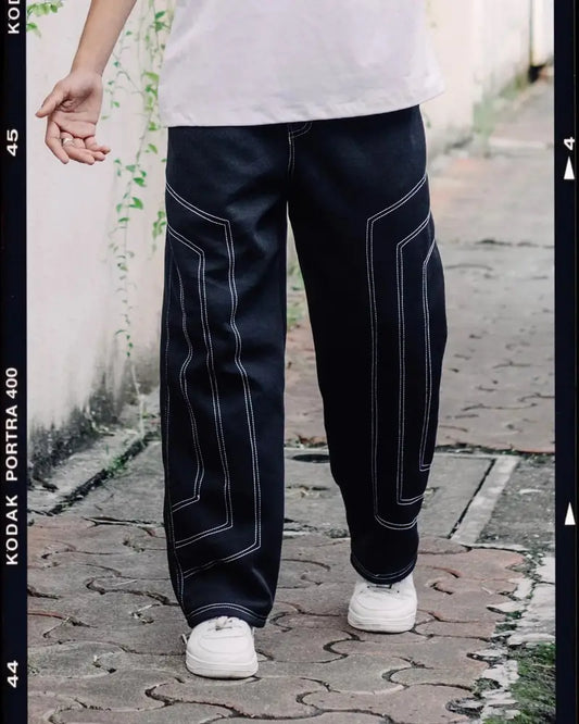 Black Contrast Stitch Baggy Track Pants