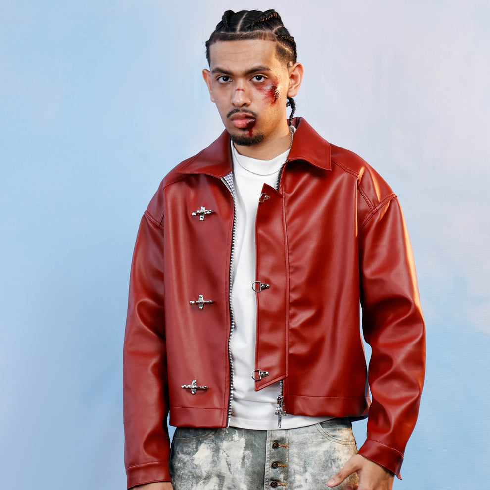 ✨ Premium Textured Burgundy Clasp Jacket – Luxury Street Style(Burgundy)
