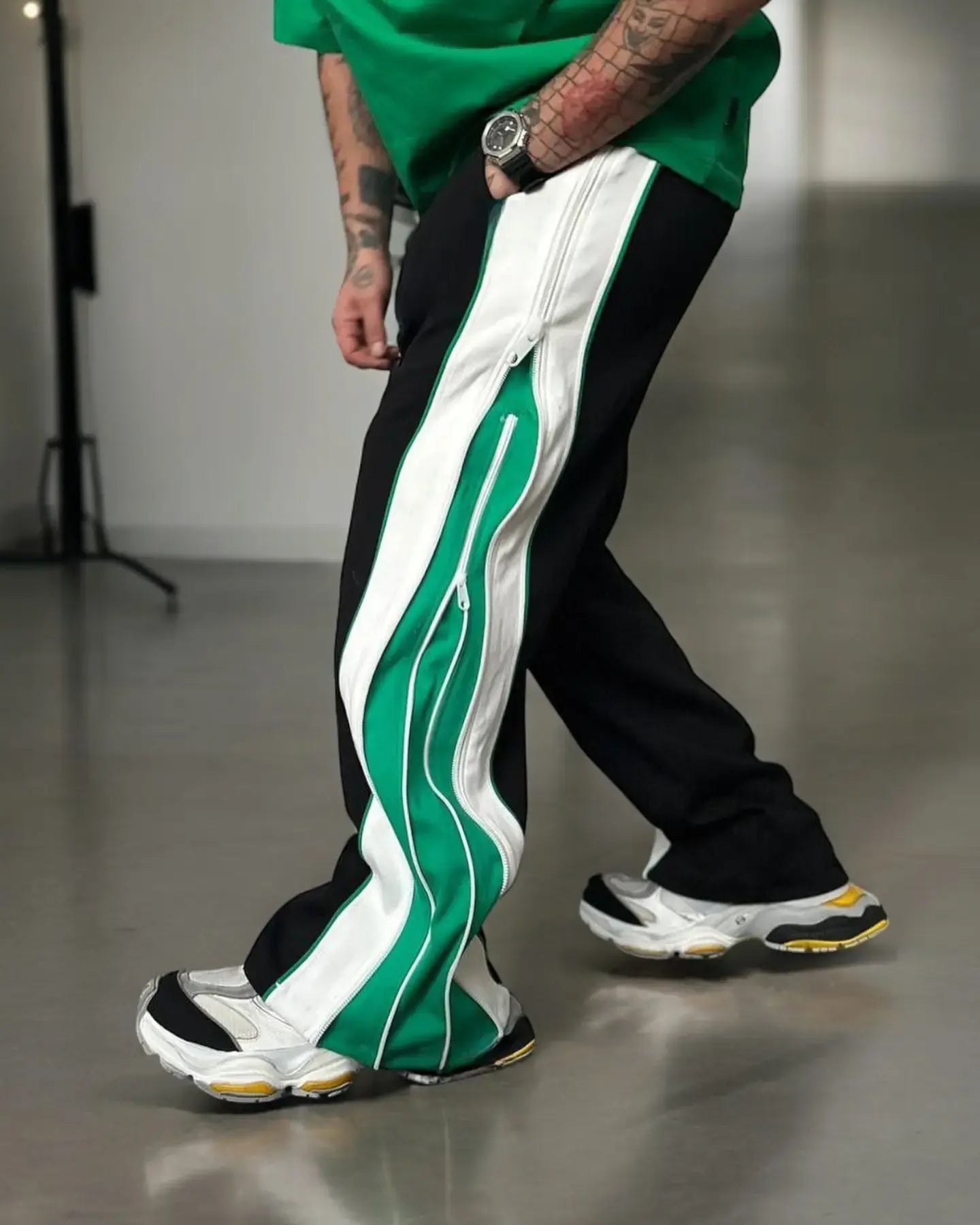 Green 3-Way Double-Zip Wide-Leg Baggy Pants – Urbon Cloth