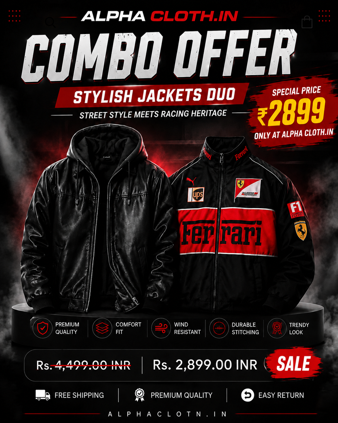 Streetwear Duo Combo – Black Leather & Ferrari Racing Jackets