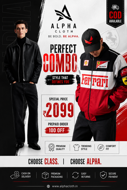 🖤 Alpha Cloth Premium Leather & Ferrari Racing Jacket Combo