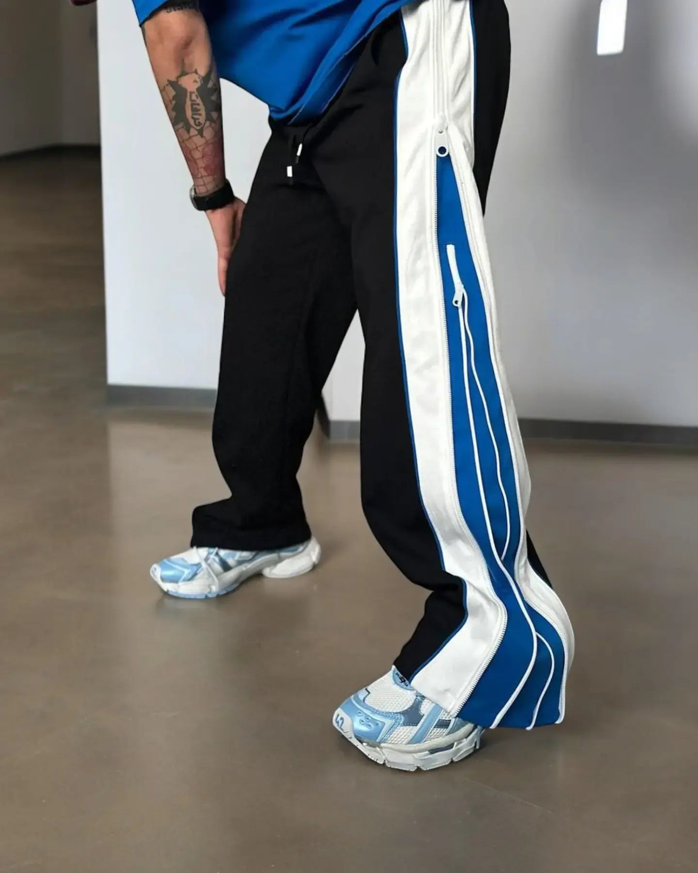 Double-Zip Blue Wide-Leg Urban Baggy Pants