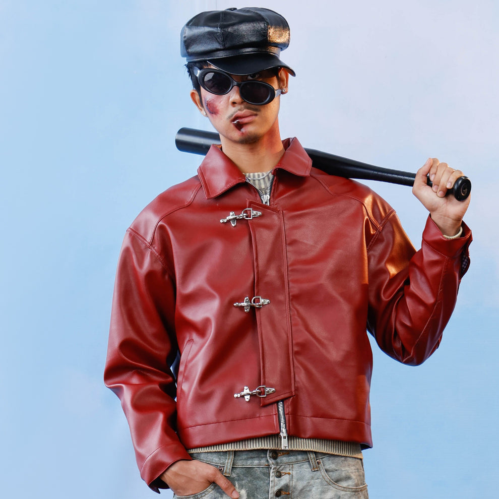 ✨ Premium Textured Burgundy Clasp Jacket – Luxury Street Style(Burgundy)