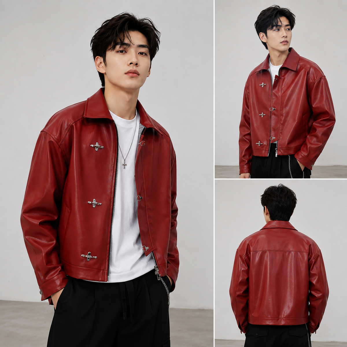 ✨ Premium Textured Burgundy Clasp Jacket – Luxury Street Style(Burgundy)